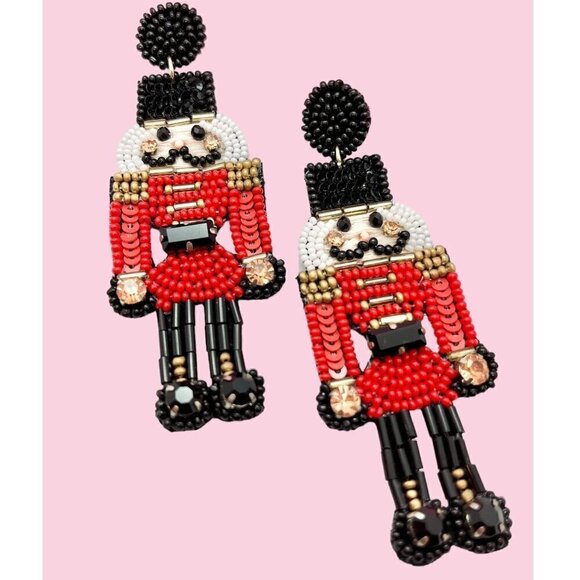 Red & Black Beaded Nutcracker Earrings - Picture 1 of 1